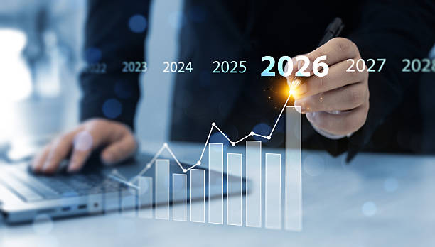 Business Opportunity, challenge and strategy in 2026. Increase chart arrow graph corporate business future growth new year 2026.New plans,goals and visions in business for new year 2026