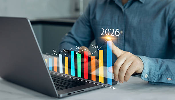 New opportunity, challenge and strategy in 2026. New business plans,goals,revenue and visions in business for new year 2026.Increase chart arrow graph corporate business future growth new year 2026